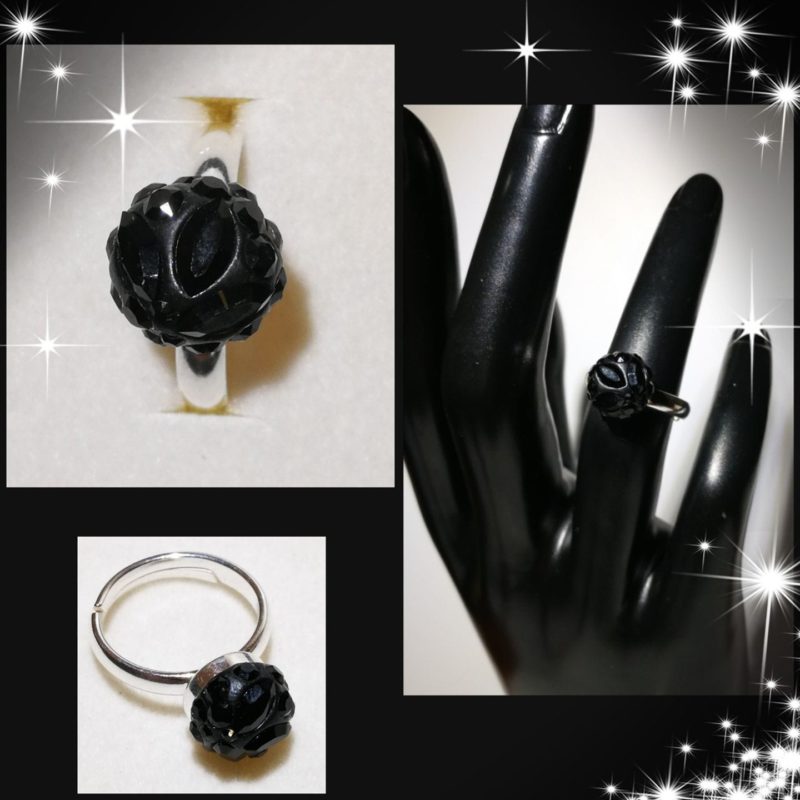 Inel reglabil Round Argint 925, ceralun si Swarovski Black