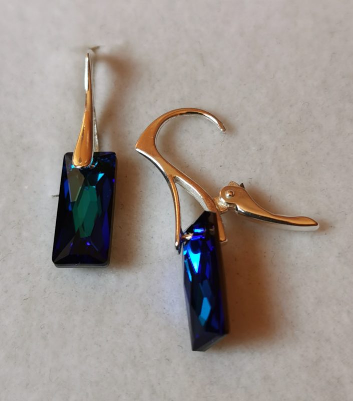 Cercei Argint 925 si Swarovski mini Queen baguette bermuda blue