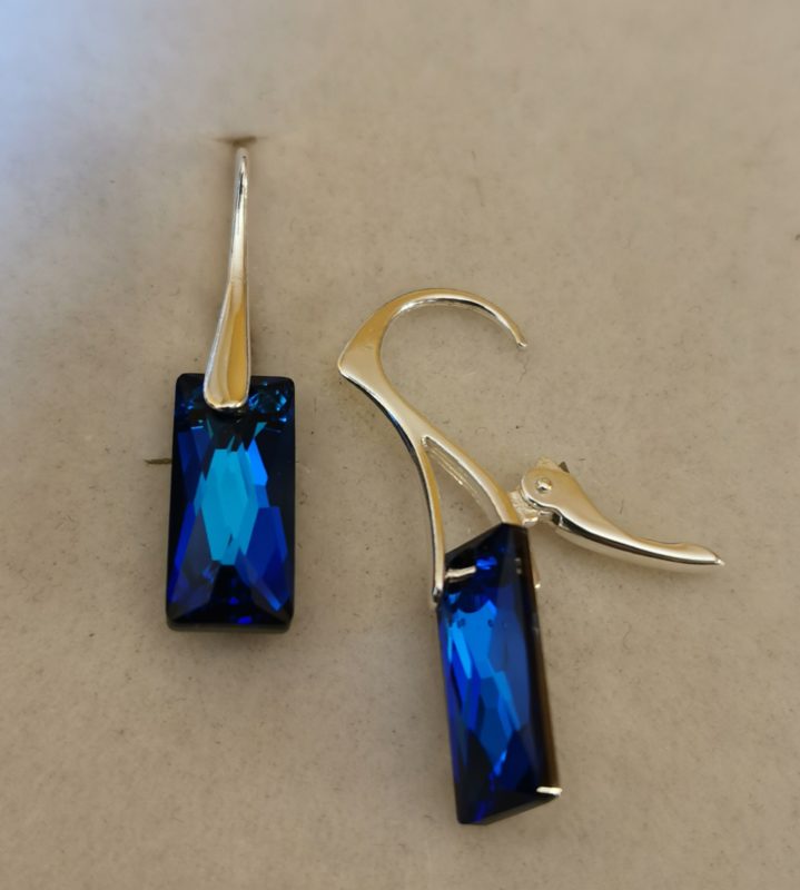 Cercei Argint 925 si Swarovski mini Queen baguette bermuda blue