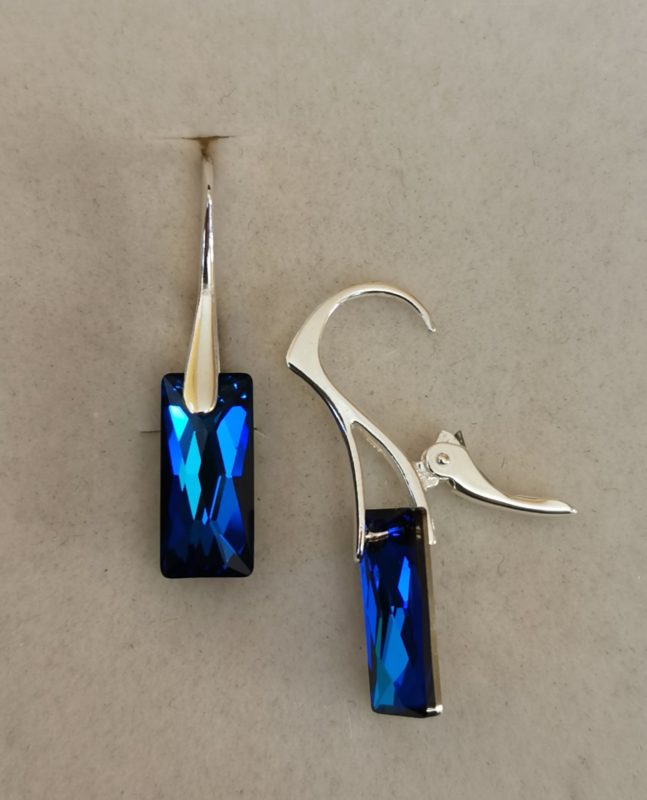 Cercei Argint 925 si Swarovski mini Queen baguette bermuda blue