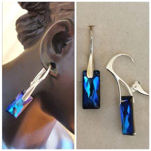 Cercei Argint 925 si Swarovski mini Queen baguette bermuda blue