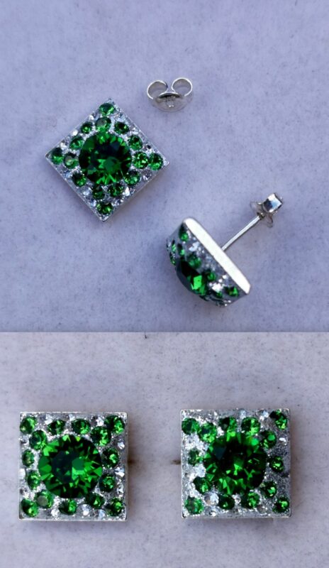 01 Cercei tija romb din argint, ceralun si cristale Swarovski Green