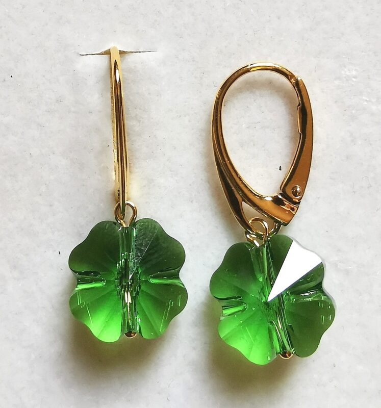 Cercei Trifoi Argint 925 suflat cu aur si margele Swarovski Fern Green