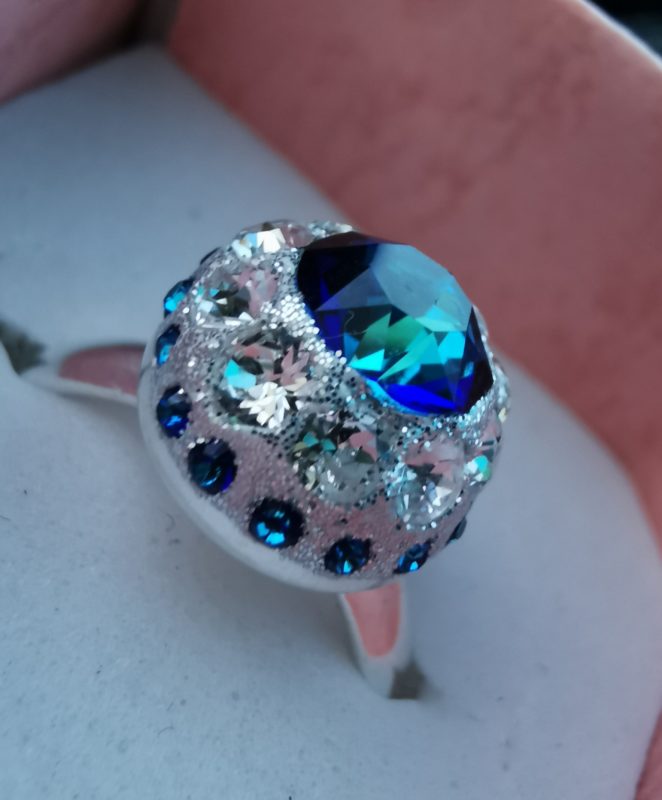 Inel reglabil Argint 925, ceralun si Swarovski Majestic Blue