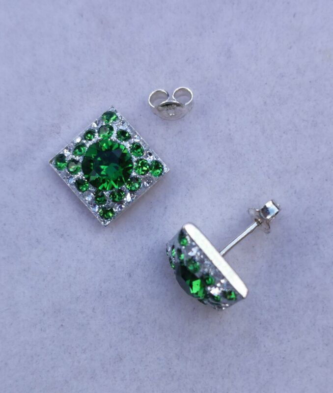 oznorCOQR Cercei tija romb din argint, ceralun si cristale Swarovski Green