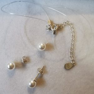 oznorWO Set cercei si lantisor fir transparent din Argint 925 si Swarovski Pearls